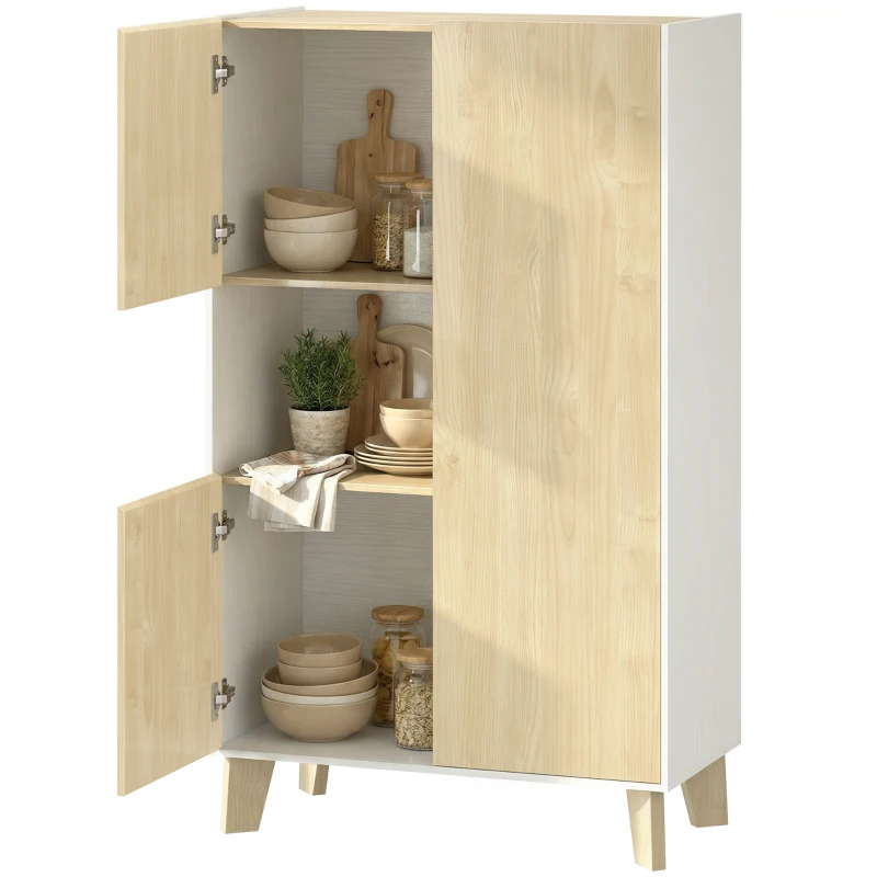HOMCOM Buffet para Sala Móvel de Arrumação com 6 Compartimentos e Portas com Fecho Amortecido 80x40x135 cm Branco e Madeira Natural