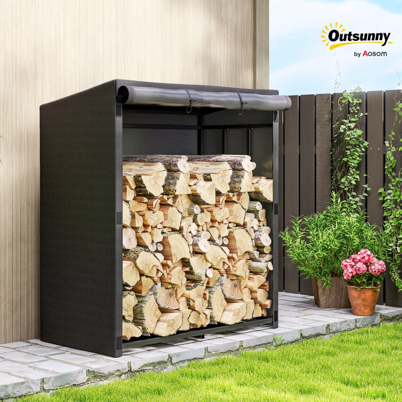Outsunny Log rack, steel wood storage, fabric cover, 300 kg load capacity, 140 x 70 x 154 cm, black