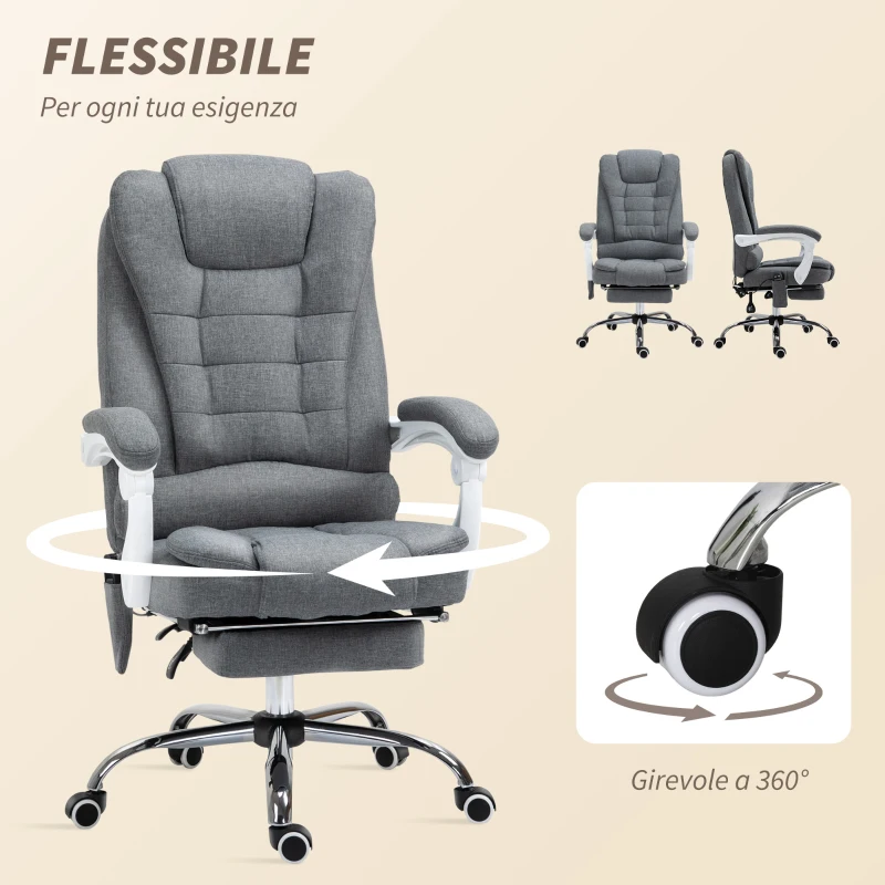 Vinsetto Poltrona da Ufficio con Telecomando e 6 Punti di Massaggio, in Tessuto misto velluto e lino, 67x79x111-121 cm, Grigio