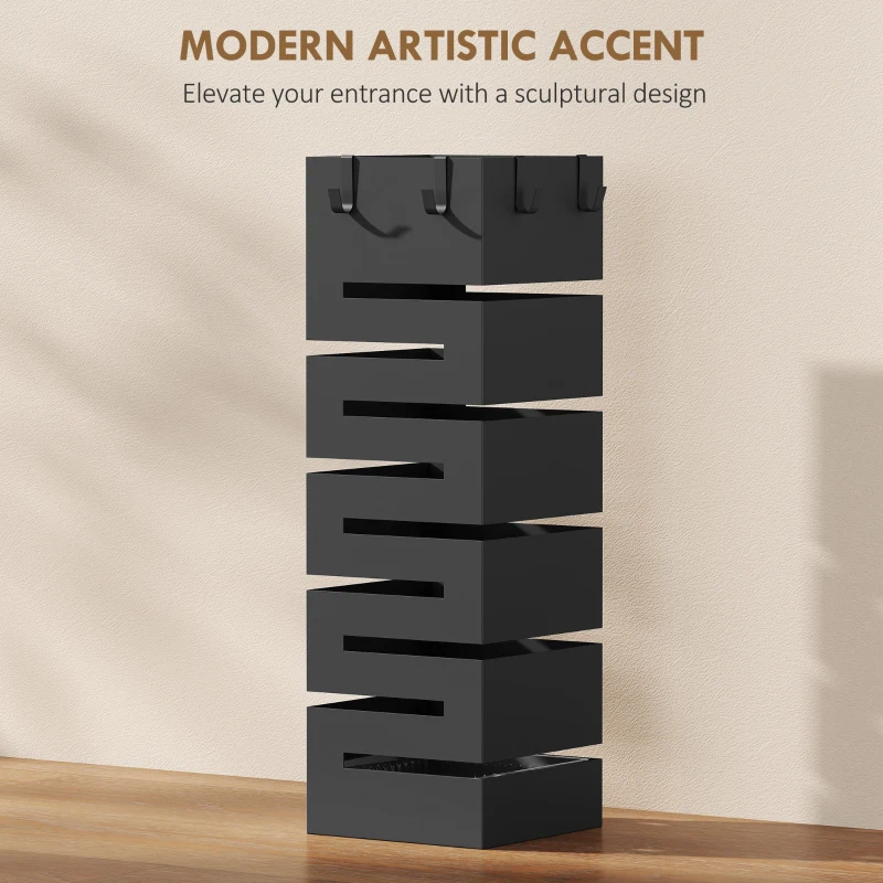 HOMCOM Stojak na parasole, metalowy stojak na parasole, wolnostojący stojak z haczykami i tacką ociekową, miejsce na 8 parasoli, czarny