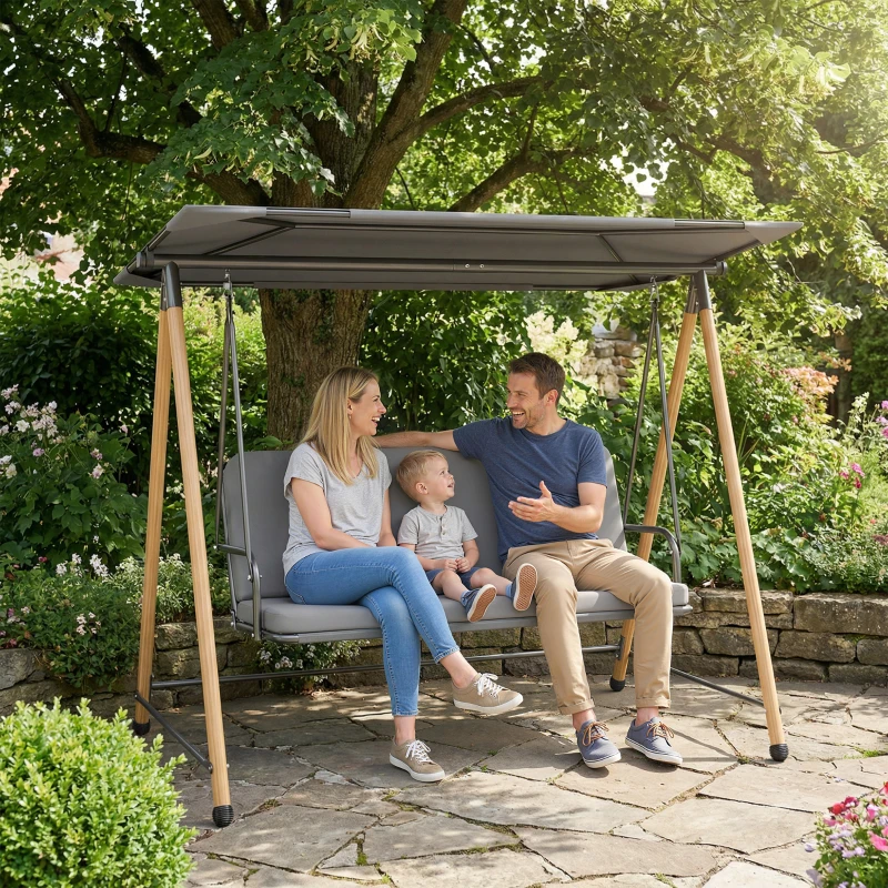 Outsunny Gartenschaukel 3‑Sitzer, Außenschaukel mit verstellbarem Dach und abnehmbarem dickem Kissen, 208x125x180cm, Grau