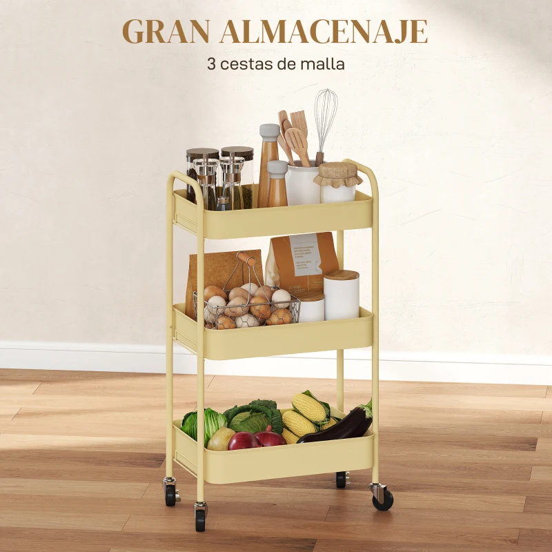 HOMCOM Carrito Auxiliar con Ruedas de 3 Niveles Carrito de Cocina con 3 Cestas y 2 Asas 45x30,6x79 cm Amarillo