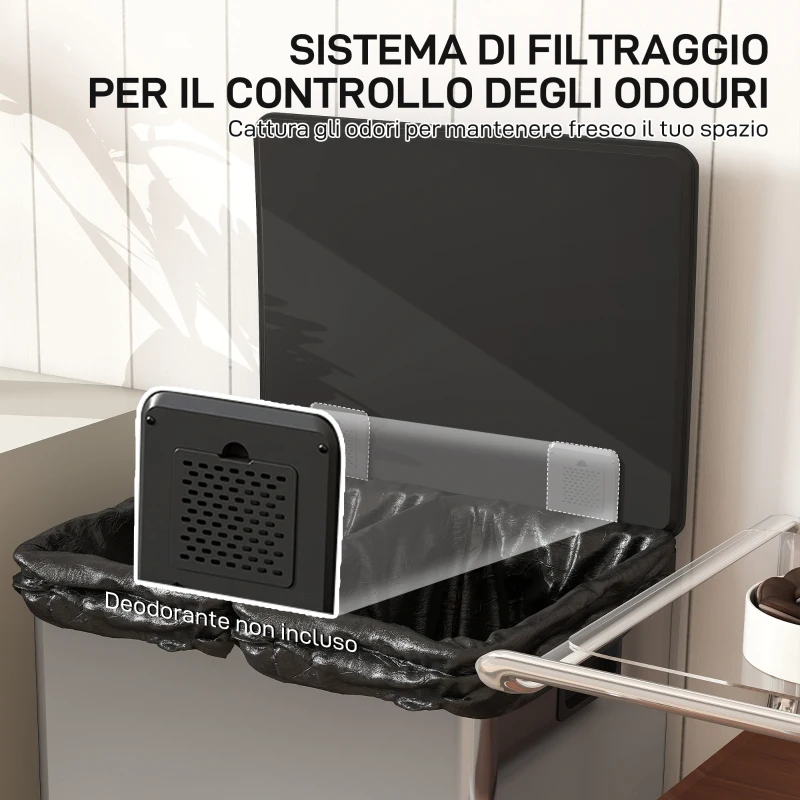 HOMCOM Pattumiera a Pedale con 2 Scomparti da 30L, Coperchio Ammortizzato e Secchi Rimovibili, Acciaio Inox, Argento