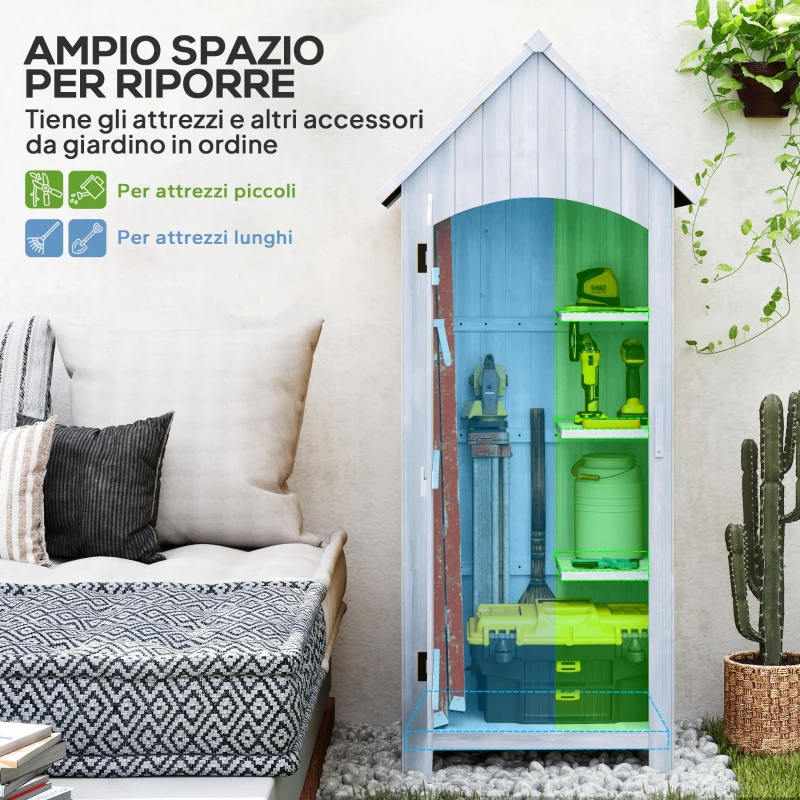 Outsunny Casetta Porta Attrezzi in Legno a 3 Mensole con Tetto Impermeabile in Bitume, 77.5x54.2x179.5 cm, Bianco
