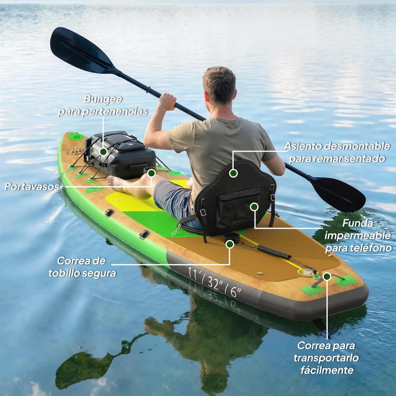 Outsunny Tabla Paddle Surf Hinchable SUP Extra Largo de 335 cm con Asiento Remo Convertible Aletas Bomba y Mochila Carga 180 kg