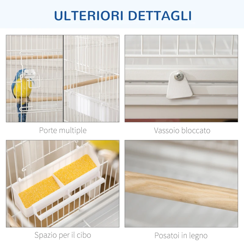 PawHut Gabbia per Uccelli da Interni con Vassoio Estraibile, 4 Ruote e Trespolo, 78x52x132 cm, Bianco