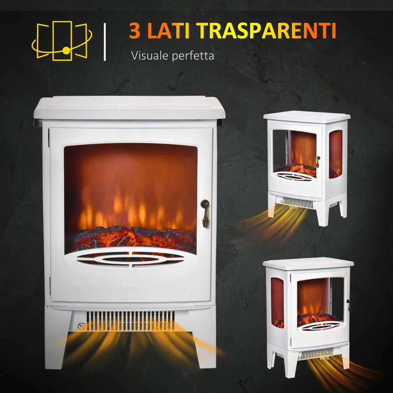 HOMCOM Camino Elettrico Effetto Fiamma e 3 Lati Aperti, Temperatura Regolabile 900W-1800W, Protezione da Surriscaldamento, Copertura 20-25m², 39x26x54.8cm, Bianco