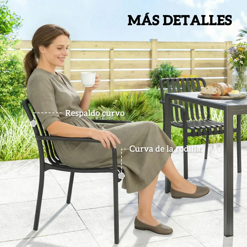 Outsunny Juego de 4 Sillas de Jardín Exterior Apilables de PP con Respaldo Curvado Asiento de Listones 55x58,5x81,5 cm Negro