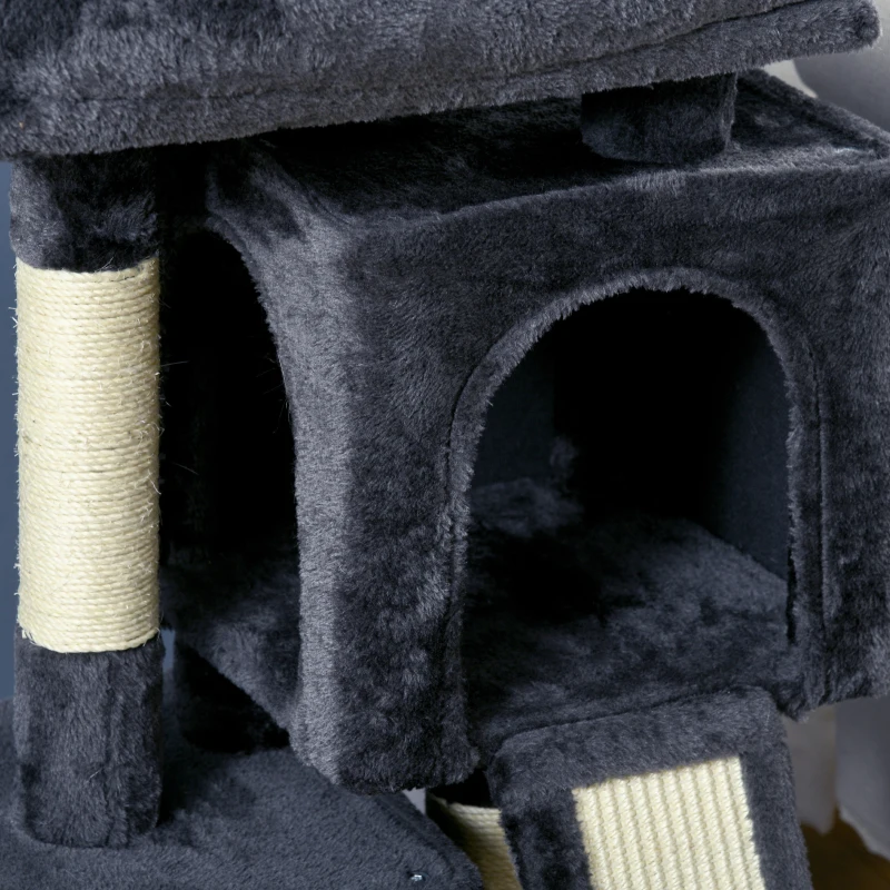 PawHut Albero Tiragraffi per Gatti con Pali in Sisal, Lettino e 2 Casette, 59x39x81cm, Grigio Scuro