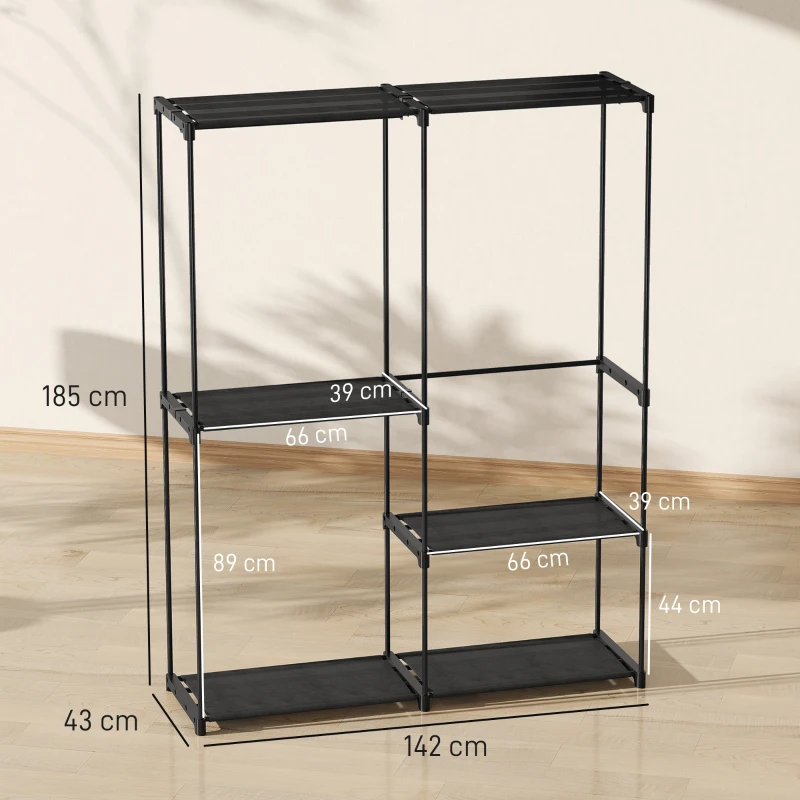 HOMCOM Armadio Guardaroba con 2 Aste e 4 Ripiani, in Tessuto non Tessuto, Plastica e Acciaio, 142x43x185 cm, Nero