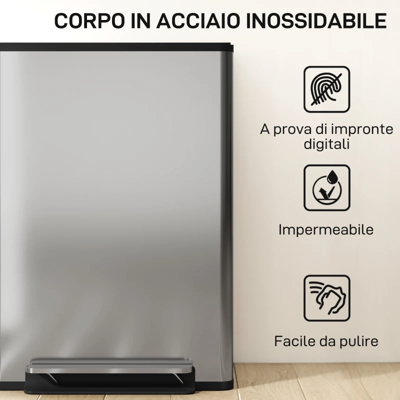 HOMCOM Pattumiera a Pedale con 2 Scomparti da 30L, Coperchio Ammortizzato e Secchi Rimovibili, Acciaio Inox, Argento