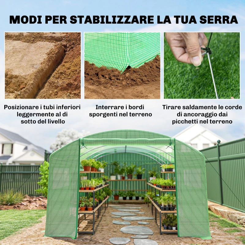 Outsunny Serra a Tunnel con 3 Porte Avvolgibili e 6 Finestrelle, in Acciaio Zincato e PE, 6x3x2 m, Verde