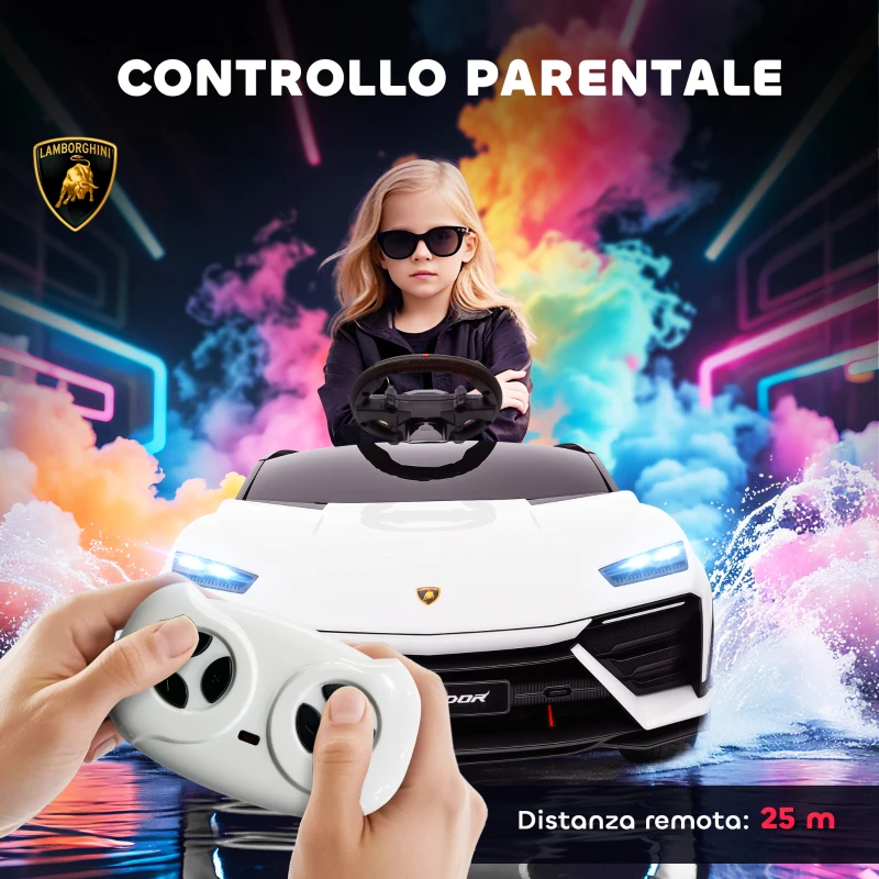 AIYAPLAY Macchina Elettrica per Bambini Licenza Lamborghini con Clacson e Telecomando, 101.5x49x43 cm, Bianca