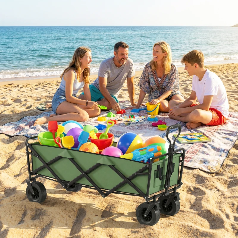 Outsunny Carrello da giardino pieghevole 130 L con freni e manico regolabile, Verde