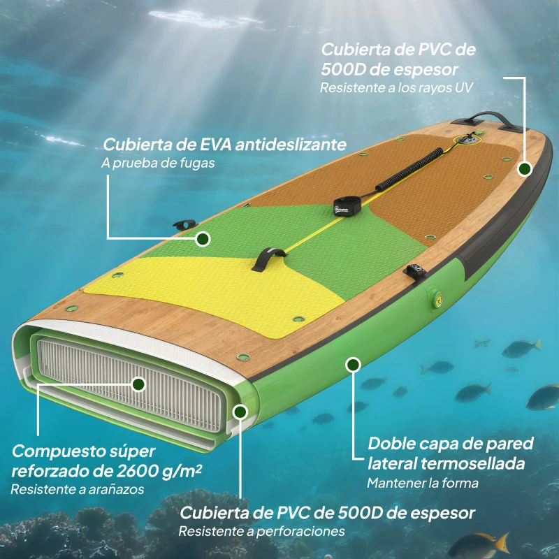 Outsunny Tabla Paddle Surf Hinchable SUP Extra Largo de 335 cm con Asiento Remo Convertible Aletas Bomba y Mochila Carga 180 kg