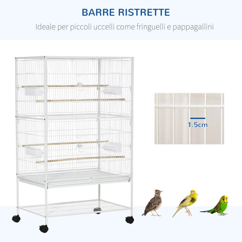 PawHut Gabbia per Uccelli da Interni con Vassoio Estraibile, 4 Ruote e Trespolo, 78x52x132 cm, Bianco