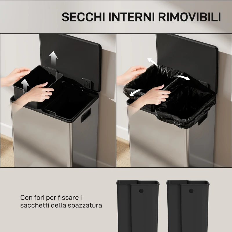 HOMCOM Pattumiera a Pedale con 2 Scomparti da 30L, Coperchio Ammortizzato e Secchi Rimovibili, Acciaio Inox, Argento