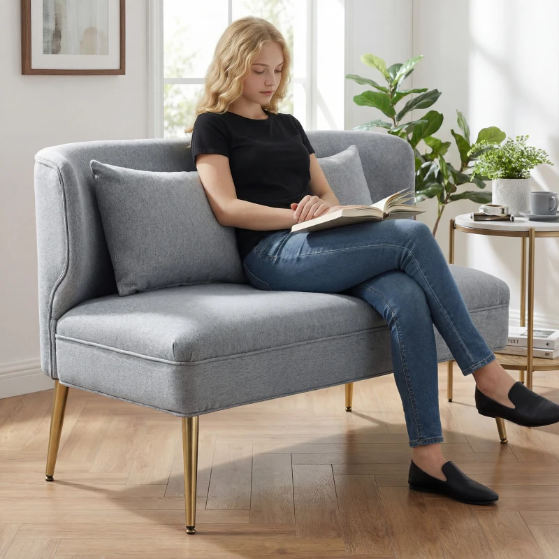 HOMCOM 2 Seater Sofa, Linen-look Fabric Small Sofa with Wing Back, Thick Seat, Metal Legs, Light Grey