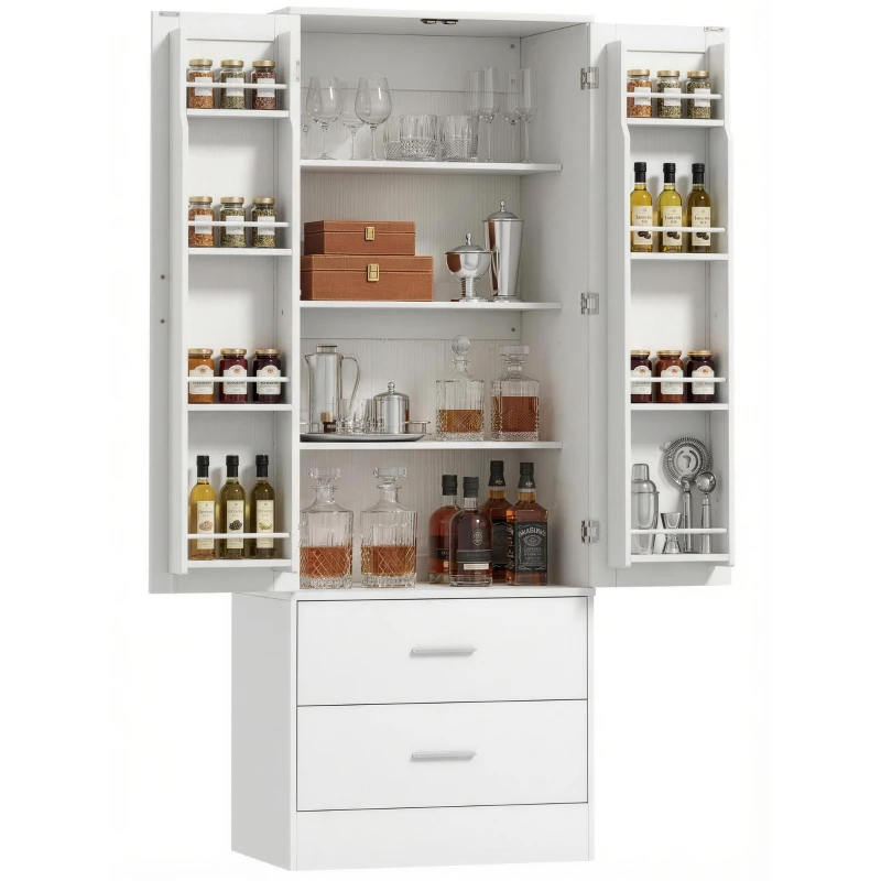 HOMCOM Szafka kuchenna Bufet z 2 drzwiami, 8 półkami drzwiowymi, 2 szufladami, Wysoki szafka z regulowanymi półkami, Nowoczesny schowek na zapasy do salonu, Biały, 60 x 40 x 159 cm