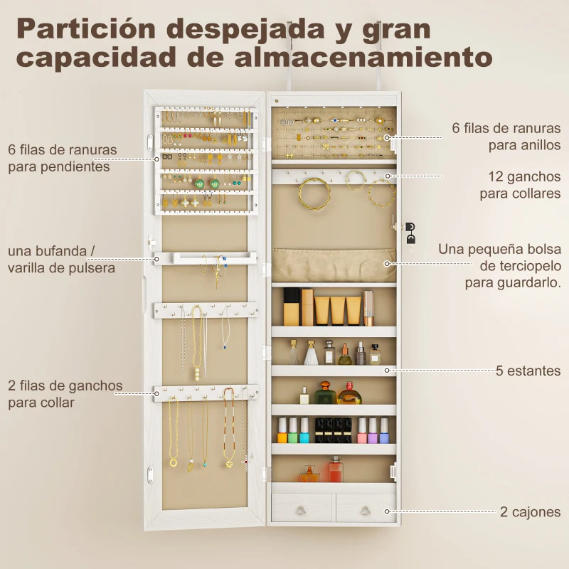 HOMCOM Espejo Joyero con Luz LED Armario Joyero Montado en la Pared o en la Puerta con Cerradura Espejo Entero Blanco