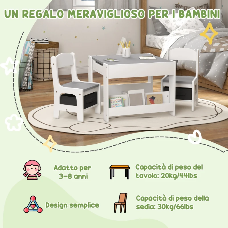HOMCOM Set Tavolino per Bambini e 2 Sedie, Piano del Tavolo 3 in 1 con Lavagna e Contenitori, Grigio