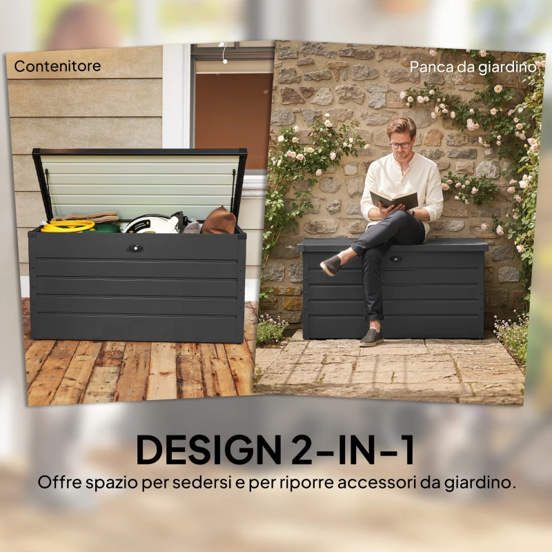 Outsunny Panca Baule Contenitore da Giardino con Chiave, Cassapanca Moderna in Acciaio, Grigio, 120x62x62cm