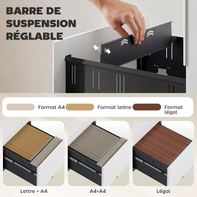 Vinsetto Caisson de bureau rangement bureau sur roulettes 3 tiroirs coulissants verrouillables trieur à dossiers dim. 39L x 48I x 59H cm acier blanc