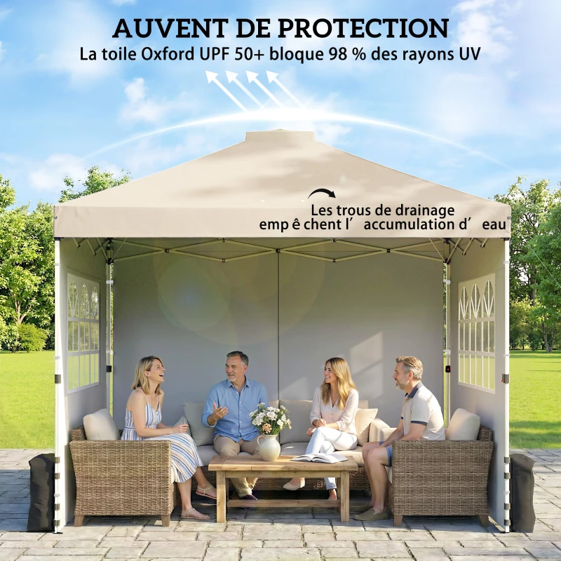 Outsunny Tonnelle de jardin pop up tente pliante hauteur réglable 3 parois latérales sacs de sable sac de transport 3 x 3 m crème
