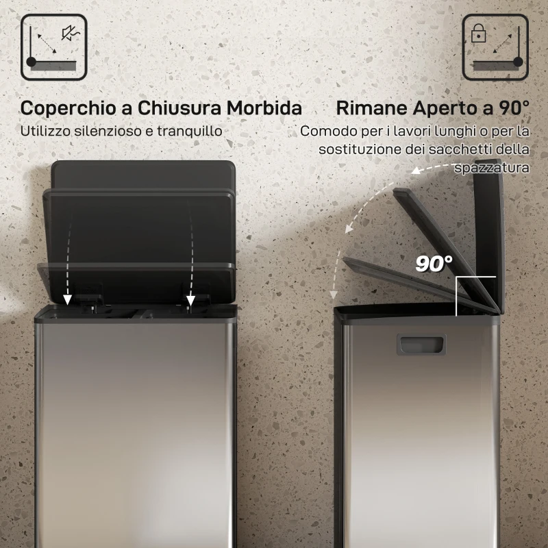 HOMCOM Pattumiera a Pedale con 2 Scomparti da 30L, Coperchio Ammortizzato e Secchi Rimovibili, Acciaio Inox, Argento