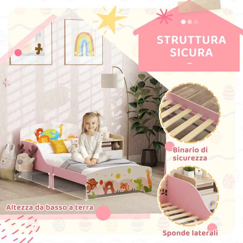 AIYAPLAY Lettino per Bambini 3+ Anni in Legno con Bordi Rialzati e Sponde di Sicurezza, 143x77x60 cm, Rosa