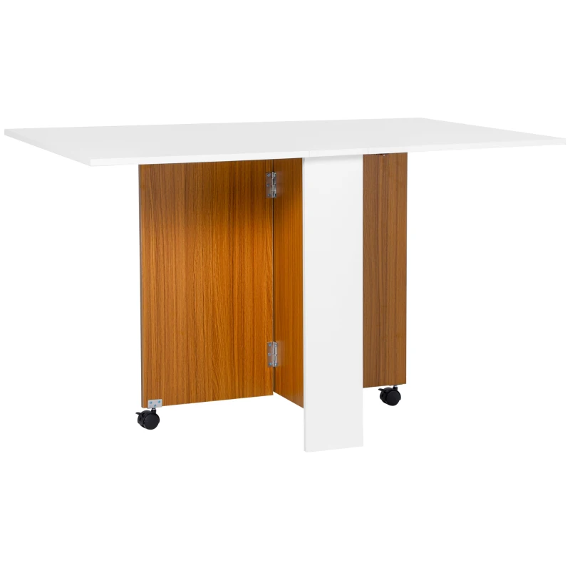 HOMCOM Mesa de Sala de Jantar Dobrável com Rodas Mesa Multifuncional para Sala de Jantar 120x80x73cm Branco e Teca