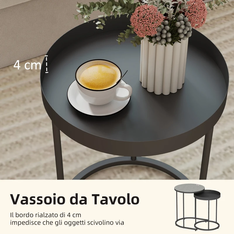 HOMCOM Set 2 Tavolini da Salotto Impilabili in Stile Industriale, in Legno e Metallo, Ø42x54 cm e Ø36.5x48.5 cm, Grigio e Nero
