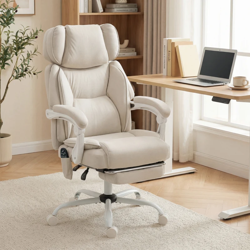HOMCOM Wysokie krzesło biurowe z masażem wibracyjnym i podgrzewaniem, ergonomiczne, regulowane, z podnóżkiem, kremowobiały