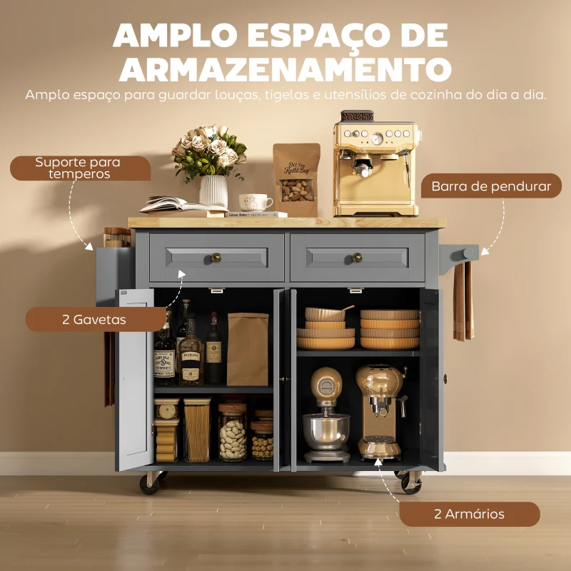 HOMCOM Ilha de Cozinha com Rodas 2 Gavetas 4 Portas Suporte para Temperos e Barra Lateral 111x44,5x82,5 cm Cinzento e Madeira