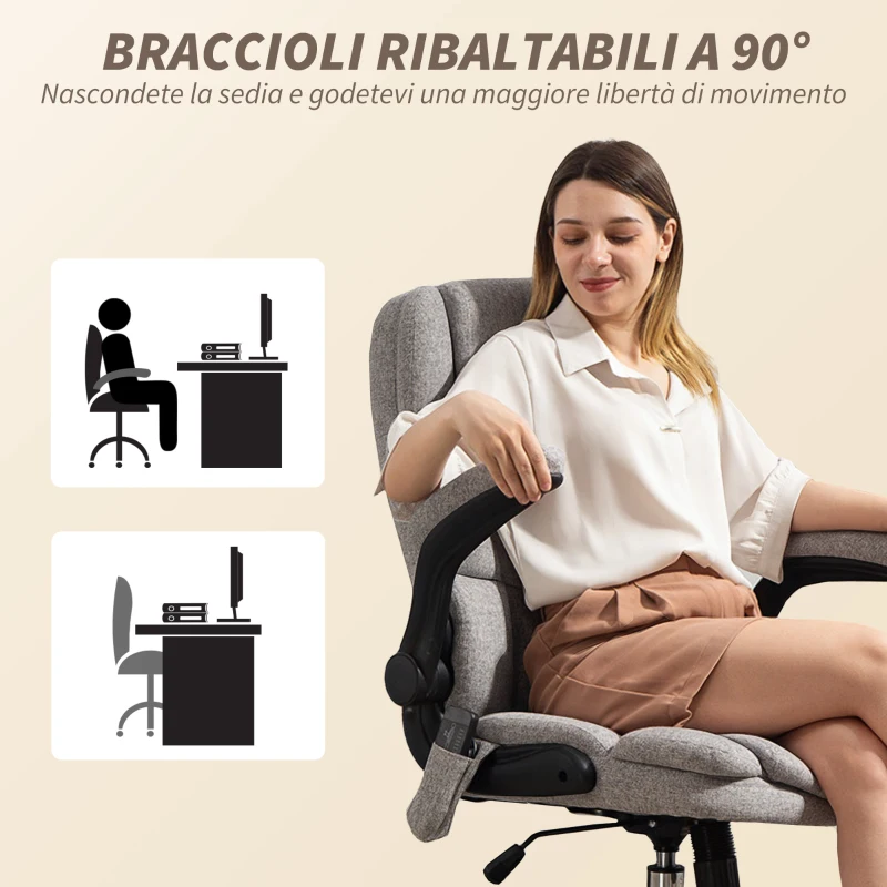 HOMCOM Poltrona da Ufficio Massaggiante a 4 Punti con Riscaldamento e Braccioli Ribaltabili, Grigio