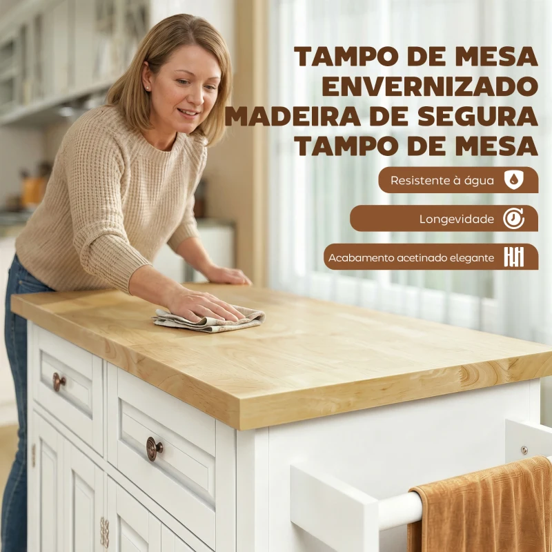 HOMCOM Ilha de Cozinha com Rodas 2 Gavetas 4 Portas Suporte para Temperos e Barra Lateral 111x44,5x82,5cm Branco e Madeira