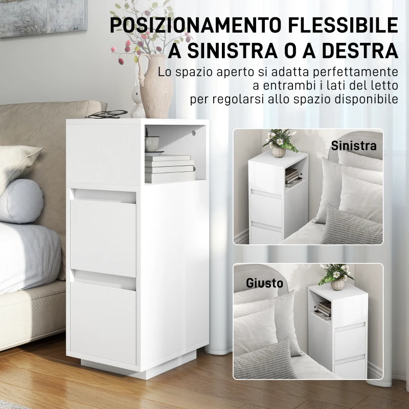 HOMCOM Set di 2 Comodini con 2 Cassetti e Ripiano Aperto Moderni e Salvaspazio, 25x30x65 cm, Bianco