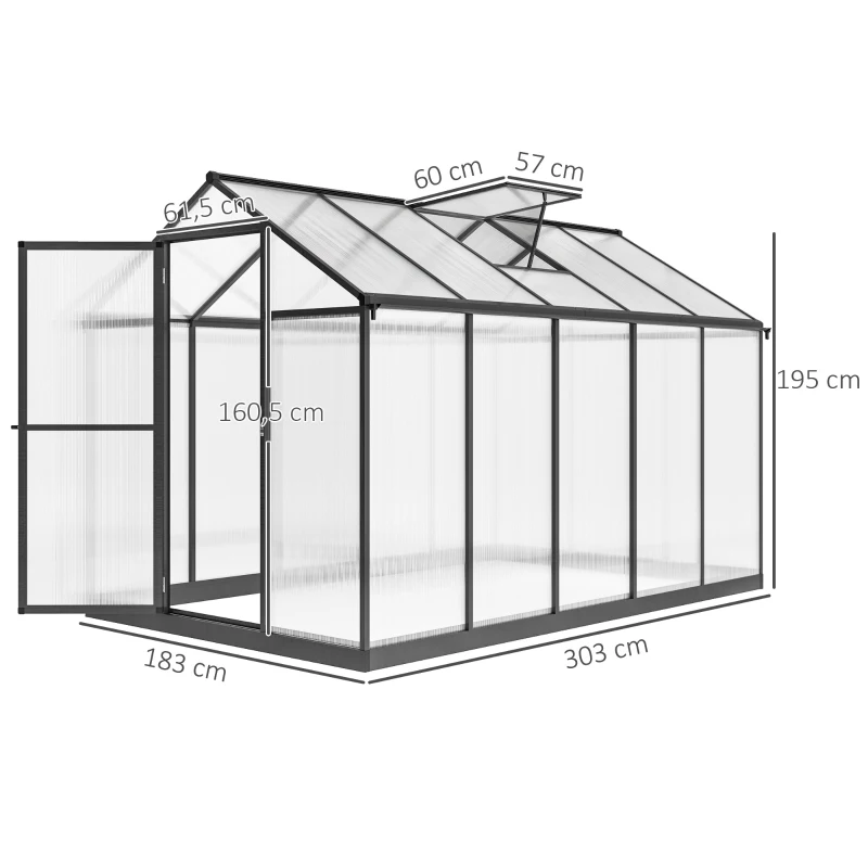 Outsunny Serre de jardin en aluminium polycarbonate, serre avec fenêtres supérieures réglables 303x183x195cm transparent