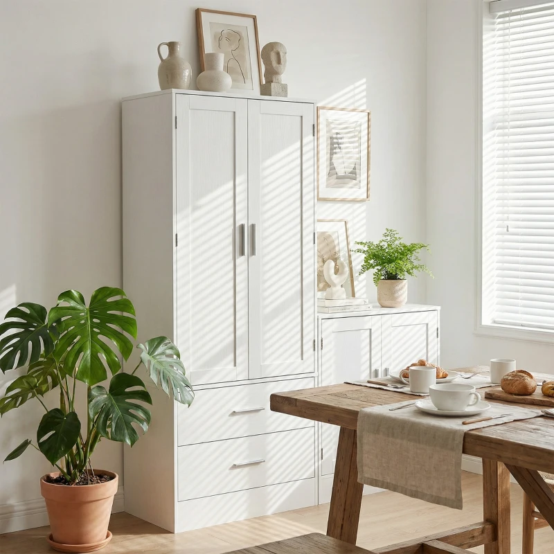 HOMCOM Szafka kuchenna Bufet z 2 drzwiami, 8 półkami drzwiowymi, 2 szufladami, Wysoki szafka z regulowanymi półkami, Nowoczesny schowek na zapasy do salonu, Biały, 60 x 40 x 159 cm