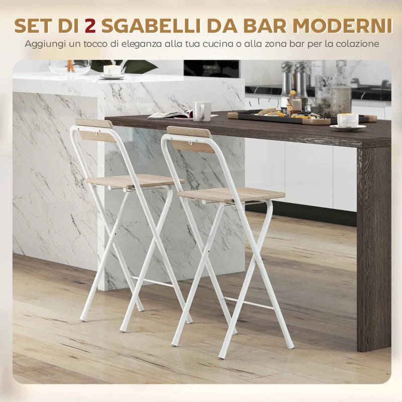 HOMCOM Set 2 Sgabelli da Bar Pieghevoli con Poggiapiedi, in Legno e Acciaio, 37x45x87 cm, Legno