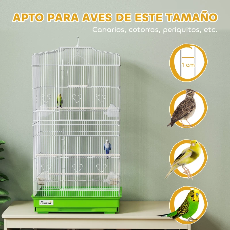 PawHut Jaula para Pájaros Pajarera de Metal con 4 Comederos 3 Perchas Columpio y Bandeja Extraíble Asa 46,5x35,5x92 cm Verde