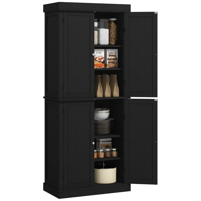 HOMCOM Hoher Küchenschrank mit 6 verstellbaren Einlegeböden und 4 Holztüren, 76x40.5x184 cm, Schwarz