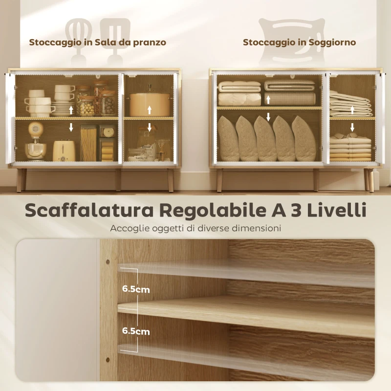 HOMCOM Credenza Moderna a 3 Ante con Ripiano Regolabile, 107x35x77 cm, Bianco Lucido e Rovere