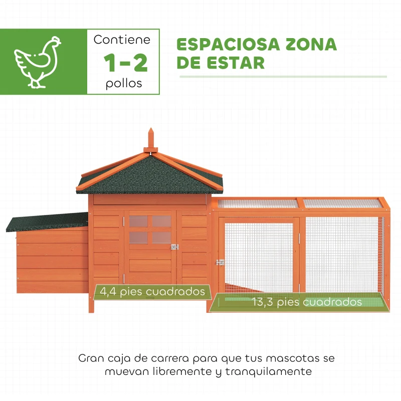 PawHut Gallinero de Madera Exterior Jaula para Gallinas con Nidos Corral Bandeja Extraíble Tapa Abatible 196x76x97 cm Naranja