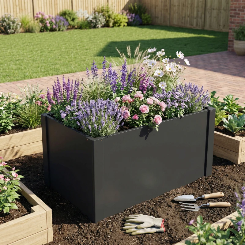 Outsunny Verhoogde plantenbak met open bodem, versterkte stang en handschoenen, 102 x 52 x 55 cm, zwart