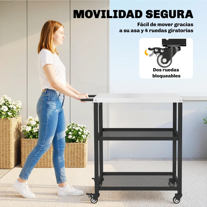 Outsunny Carrito de Barbacoa de 3 Niveles Móvil con Ruedas y Freno Encimera de Acero Inoxidable Estante Ajustable Ganchos Negro
