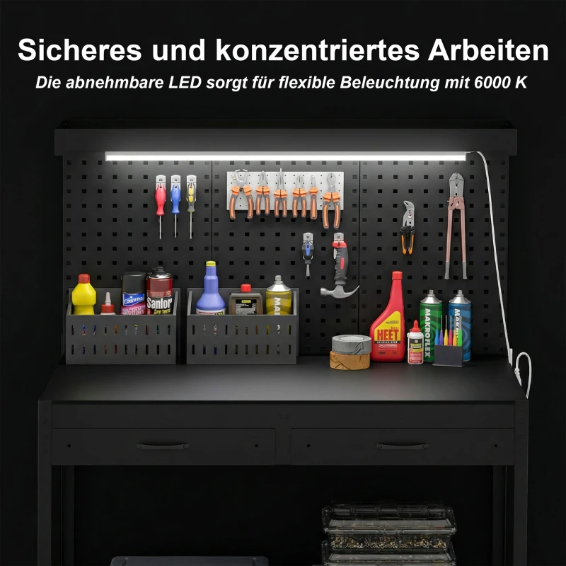 HOMCOM 110 cm Werkbank mit Lochwand, robuste Werkbank mit Steckdosenleiste und LED-Beleuchtung, Schwarz