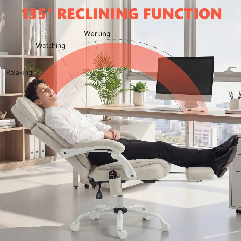 HOMCOM Wysokie krzesło biurowe z masażem wibracyjnym i podgrzewaniem, ergonomiczne, regulowane, z podnóżkiem, kremowobiały