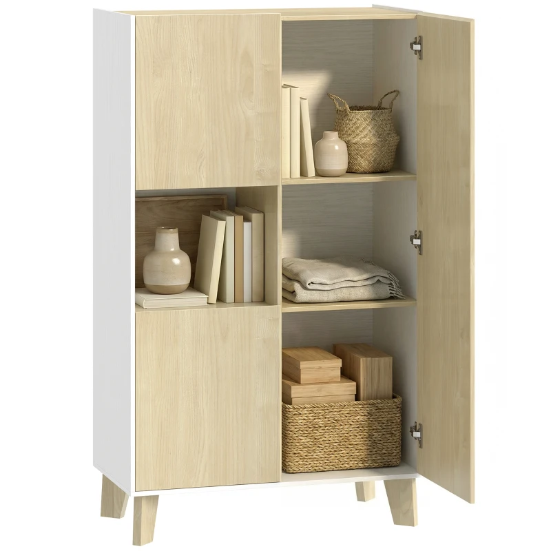 HOMCOM Bufet pentru living, mobilier de depozitare cu 6 compartimente și uși cu închidere amortizată, 80x40x135cm, alb și lemn natural