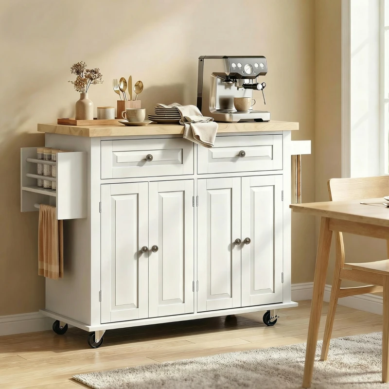 HOMCOM Ilha de Cozinha com Rodas 2 Gavetas 4 Portas Suporte para Temperos e Barra Lateral 111x44,5x82,5cm Branco e Madeira